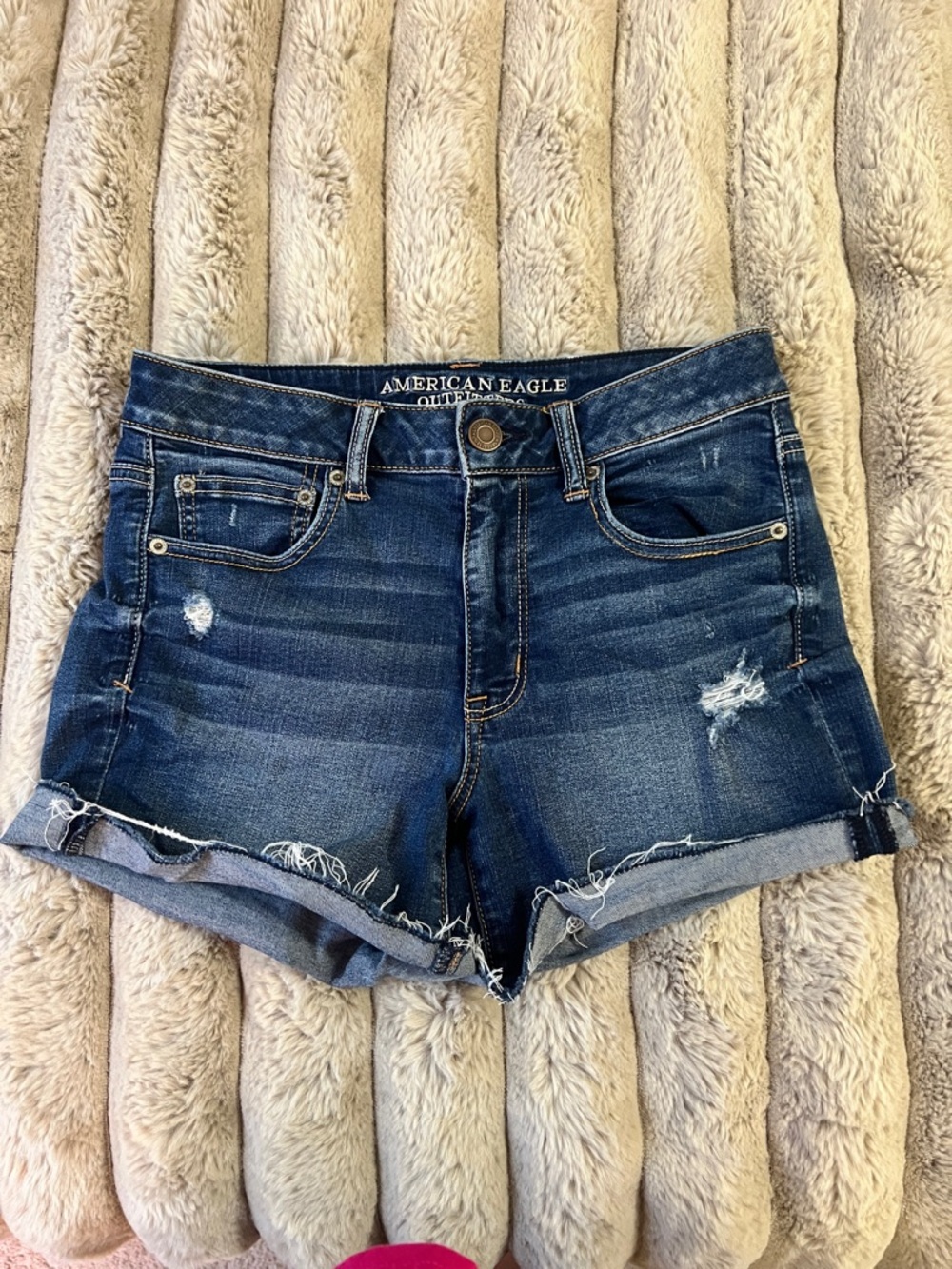 American Eagle Outfitters Dark Blue Distressed Rolled-Hem Jean Shorts